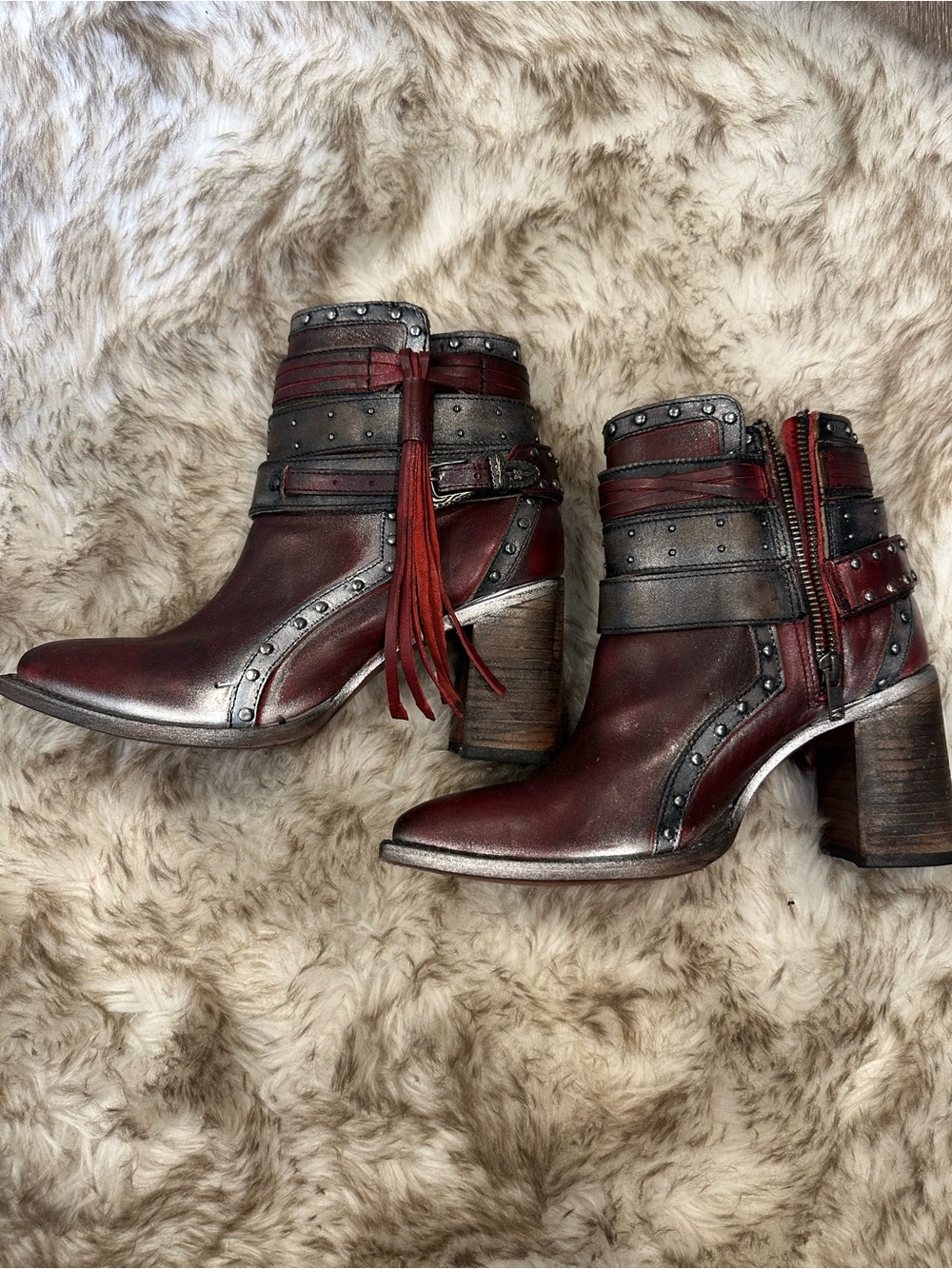 Julius Burgundy Leather Studded Ankle Booties with Fringe Freebirds booties